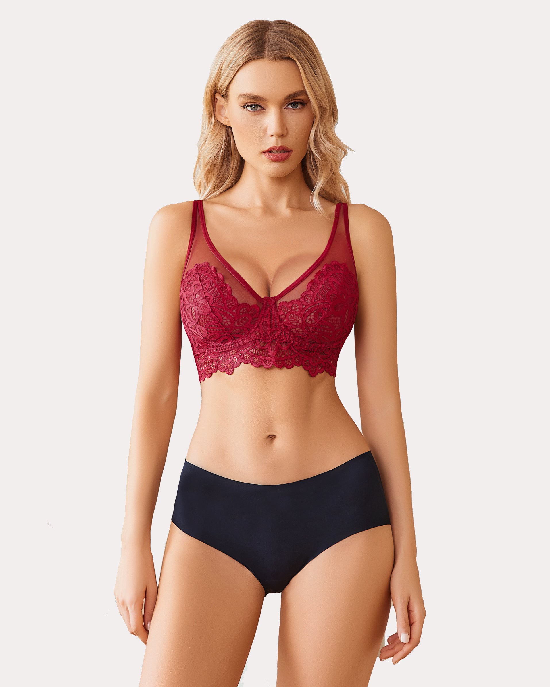 Wine red lace underwire full-coverage bralette with V-cut neckline and thin straps