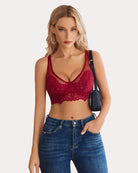 Wine red lace underwire full-coverage bralette with plunging center and thin straps