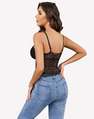 Black lace crop ruched camisole back view with thin adjustable spaghetti straps