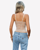 Champagne lace crop ruched camisole back view with thin adjustable spaghetti straps