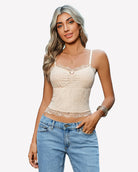 Champagne lace crop ruched camisole with scalloped trim and thin spaghetti straps