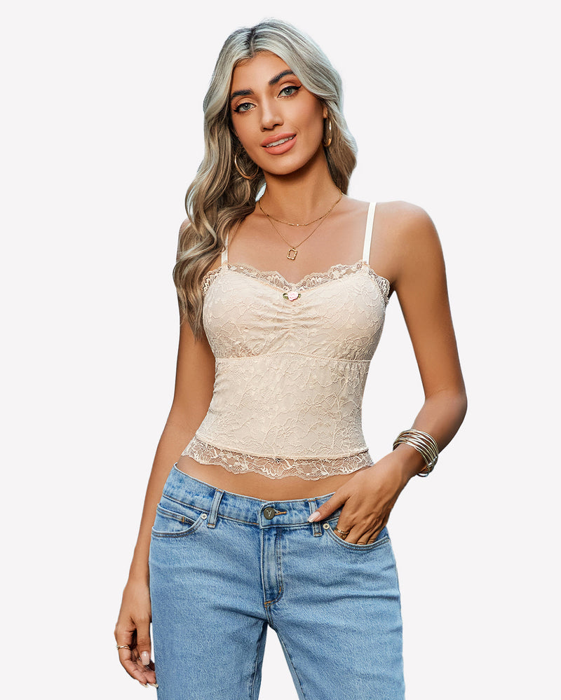Champagne lace crop ruched camisole with scalloped trim and thin spaghetti straps
