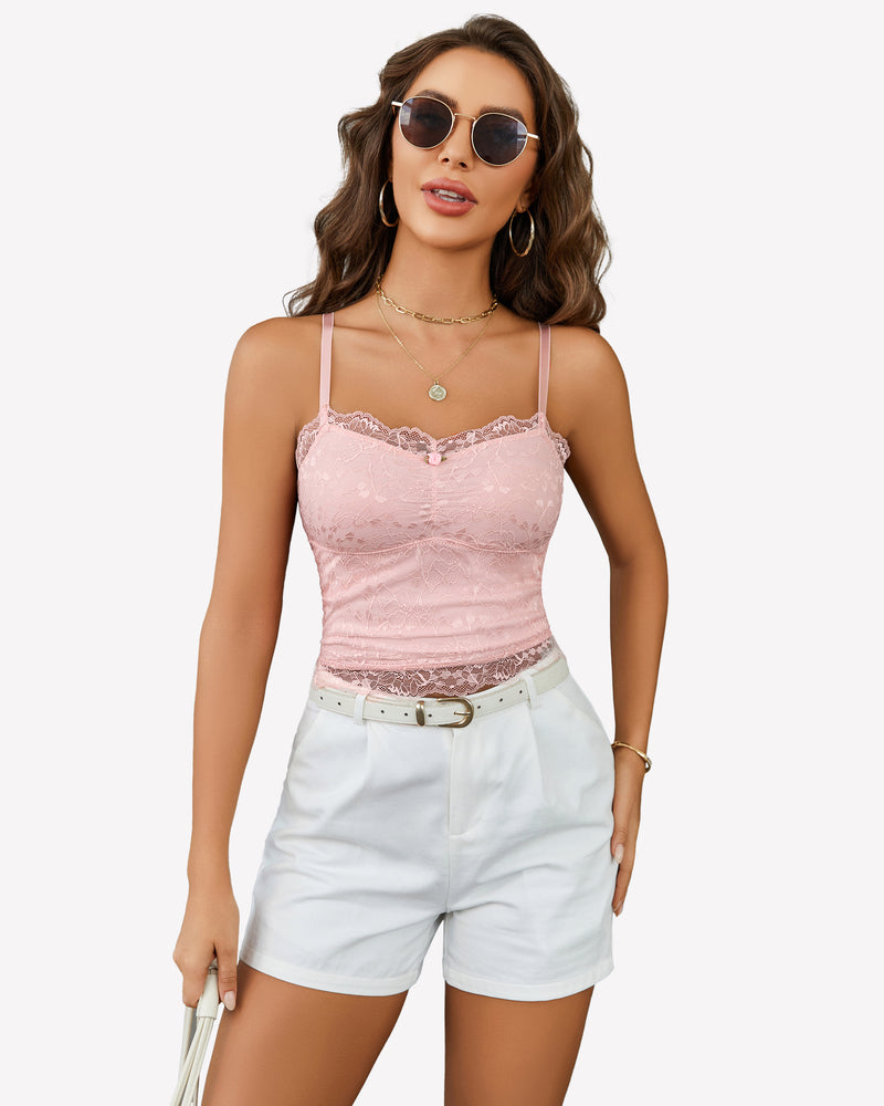 Pink lace crop ruched camisole with scalloped lace trim and thin spaghetti straps