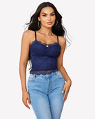 Navy blue lace crop ruched camisole with scalloped lace neckline and thin straps
