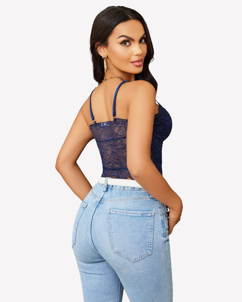 Navy blue lace crop ruched camisole back view with thin spaghetti straps