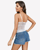Lace crop top ruched tank with thin straps, white lace and scalloped neckline