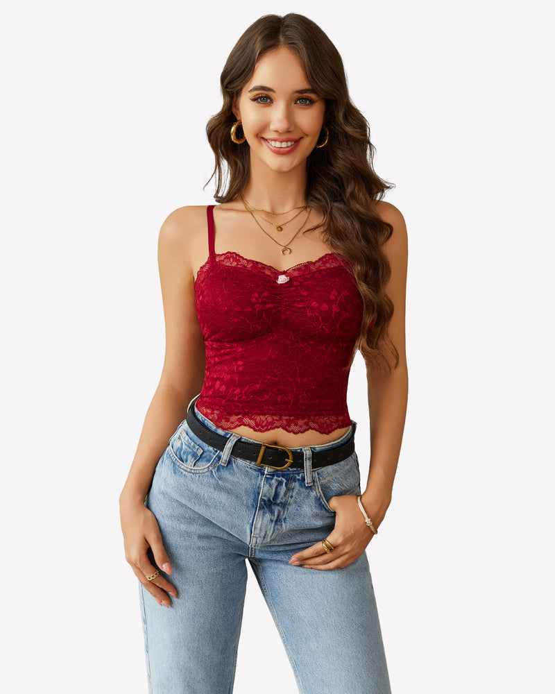 Lace crop top ruched tank with thin straps, wine red lace and sweetheart neckline