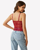 Back view: wine red lace crop top ruched tank with thin straps