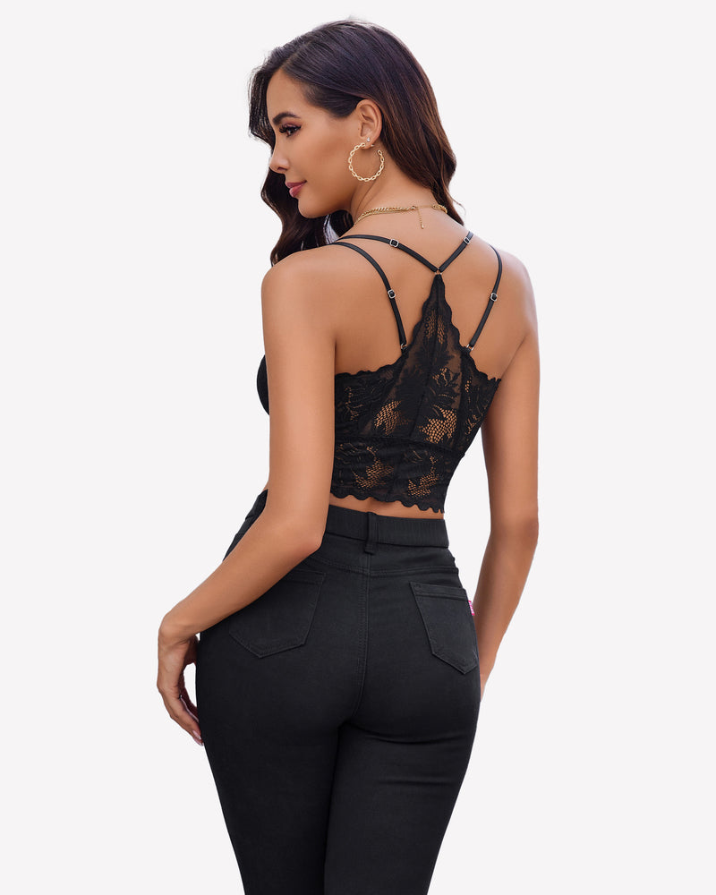 Black lace racerback crop camisole back view with crisscross strap detail