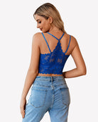 Blue lace racerback crop camisole back view with crisscross strap detail