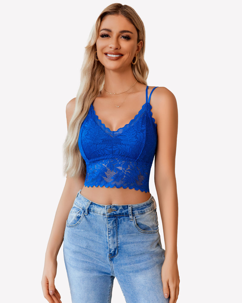 Blue lace racerback crop camisole with scalloped V-neck and racerback straps