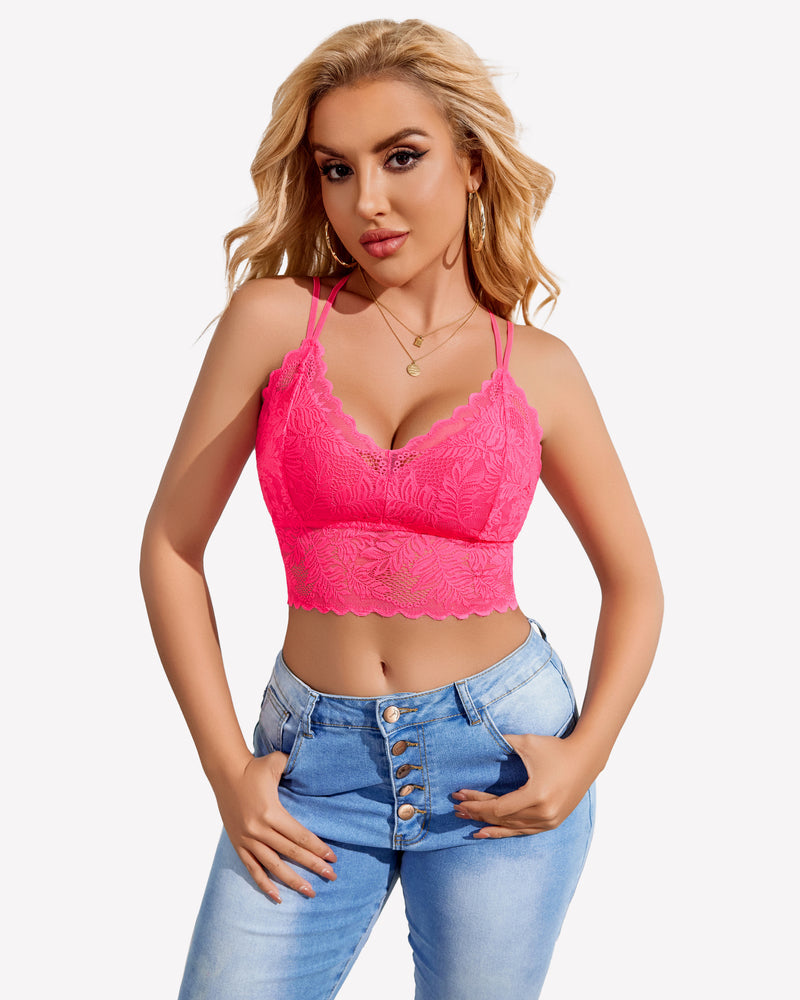Pink lace racerback crop camisole with scalloped V-neck and adjustable spaghetti straps