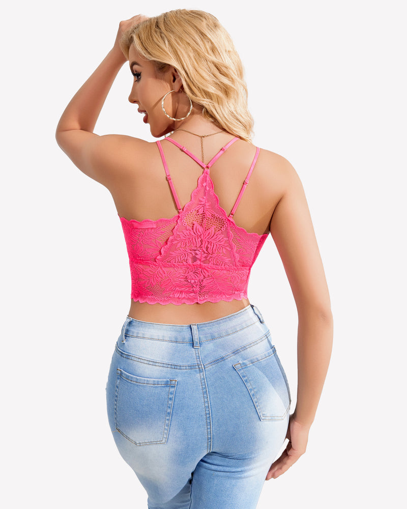Pink lace racerback crop camisole with scalloped trim and spaghetti straps