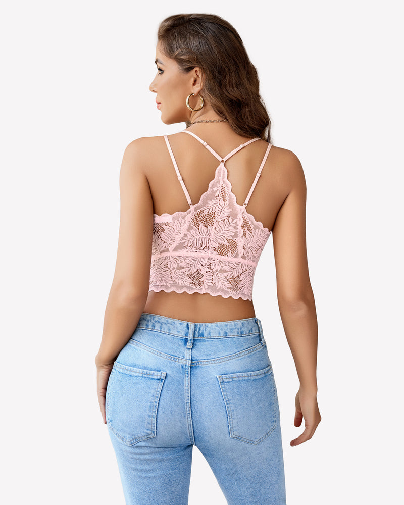Light pink lace racerback crop camisole, open back with crisscross straps