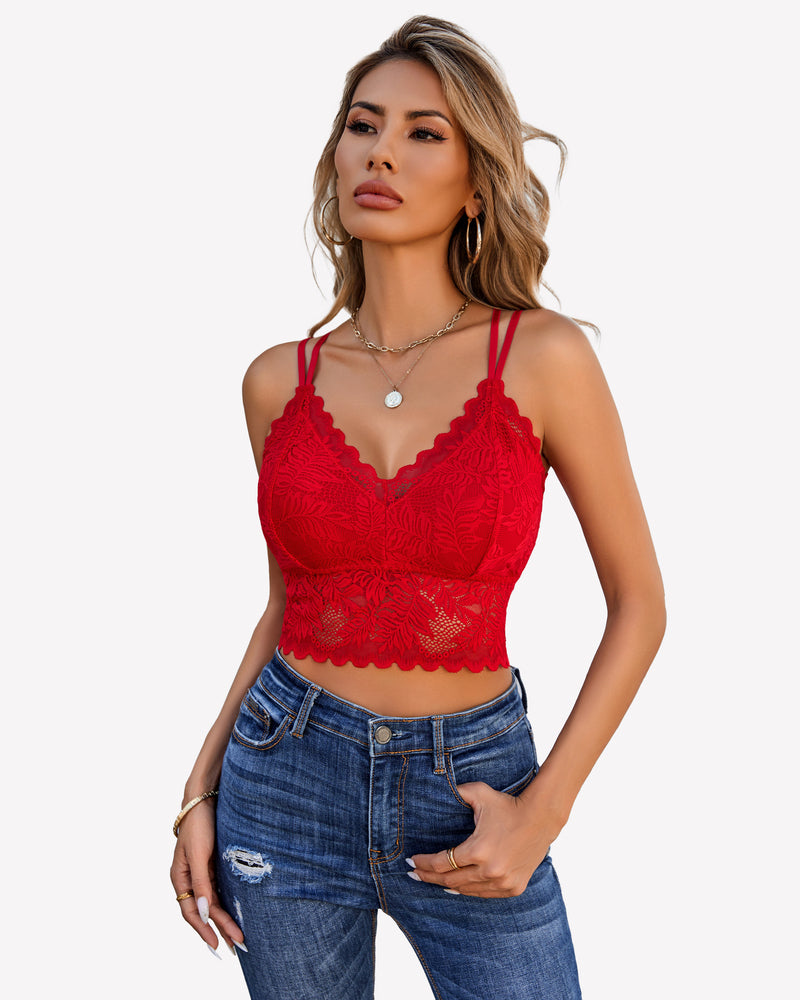 Red lace racerback crop camisole with scalloped neckline and lace hem
