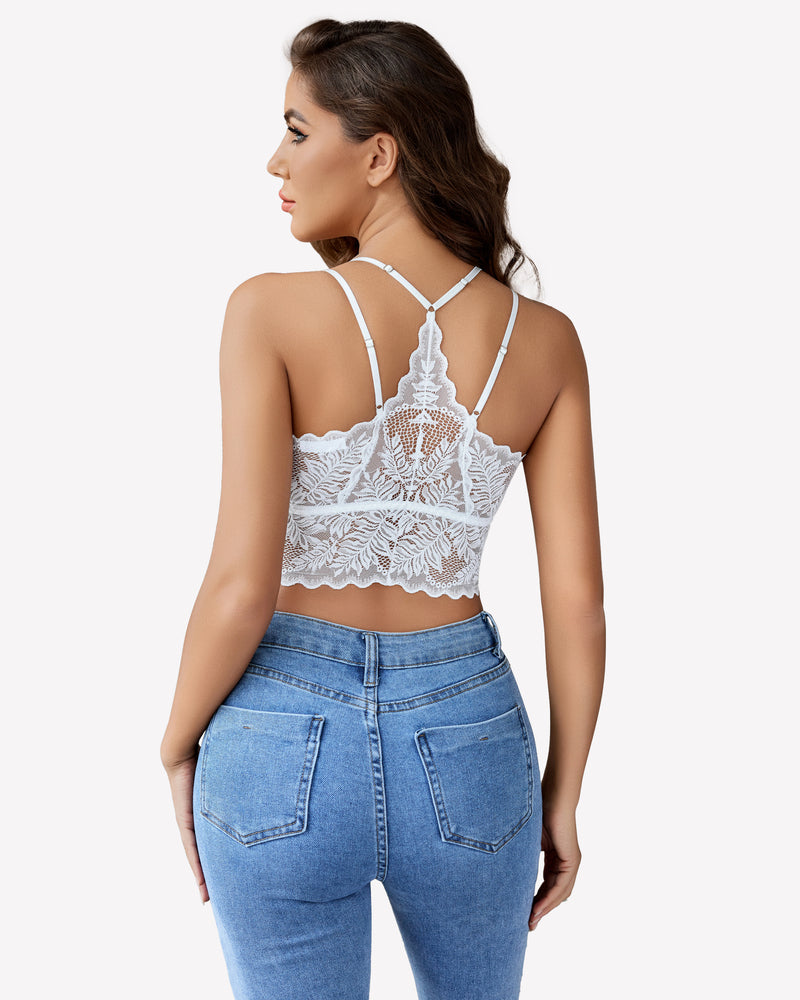 White lace racerback crop camisole with scalloped trim and strappy open back