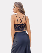 Dark lace cami crop top with crisscross back straps and scalloped lace hem