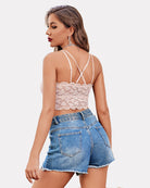 Backless lace cami crop top with crisscross straps, champagne