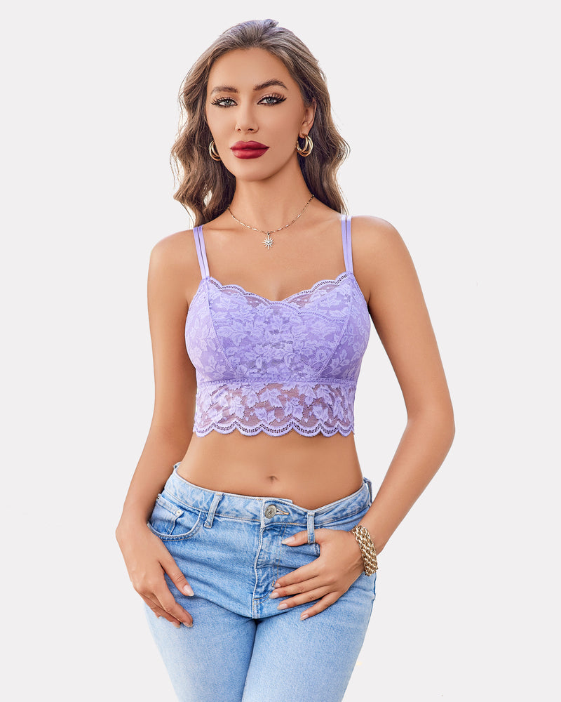 Lilac lace adjustable-strap cami crop top with scalloped hem and V-neckline