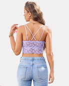 Lilac lace cami crop top with crisscross back straps and scalloped lace hem