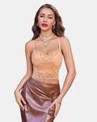 Beige lace adjustable-strap cami crop top with scalloped neckline and hem