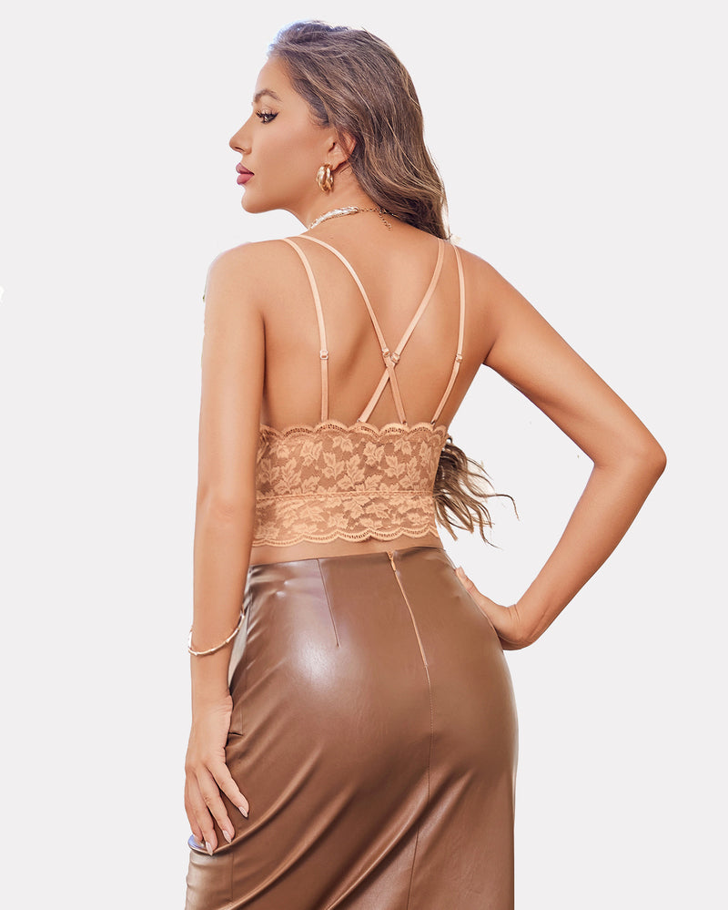 Beige lace cami crop top with crisscross back straps and scalloped lace hem