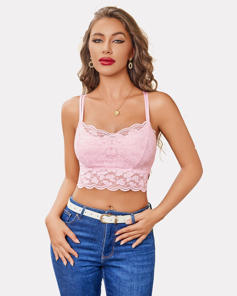 Pink lace adjustable-strap cami crop top with scalloped neckline and hem