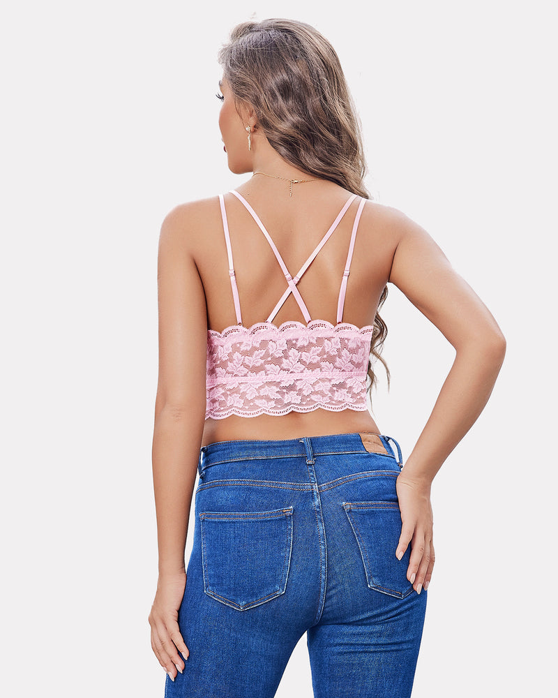 Pink lace cami crop top with crisscross back straps and scalloped lace hem