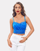 Lace cami crop top with adjustable straps, scalloped hem, bright blue