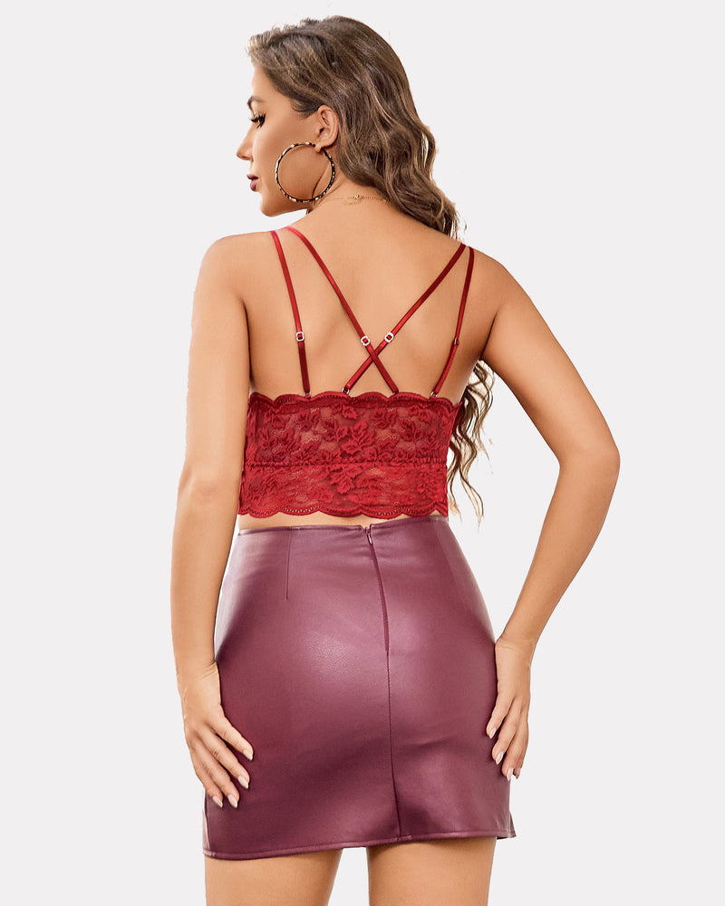 Backless lace cami crop top with crisscross straps, wine red