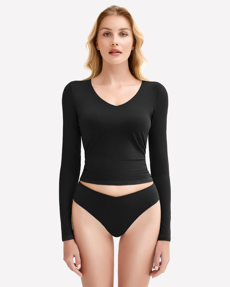 Black long-sleeve V-neck top with matching high-leg panties set