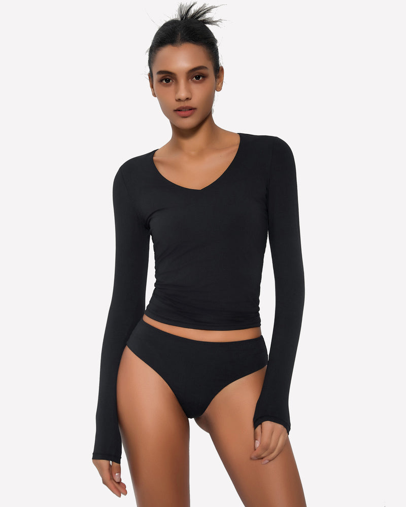 Black long-sleeve V-neck top with matching high-leg panties set