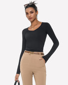 Black long-sleeve V-neck top with matching high-leg panties set