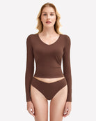 Brown long-sleeve V-neck top with matching high-leg panties set
