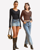 Long-sleeve V-neck top in black and brown, styled with denim skirts