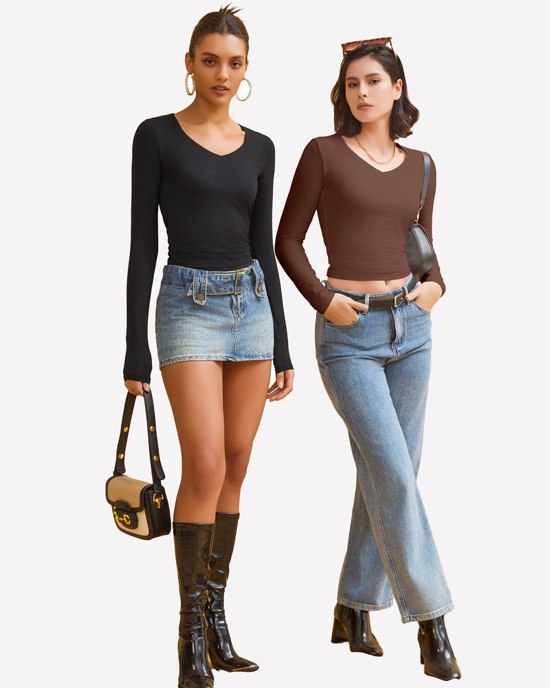 Long-sleeve V-neck top in black and brown, styled with denim skirts