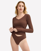 Brown long-sleeve V-neck top with matching high-leg panties set