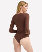 Brown long-sleeve sweetheart neck top with matching panties briefs, back view