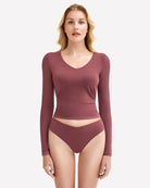 Dark purple long-sleeve V sweetheart top with matching high-cut panties, front view