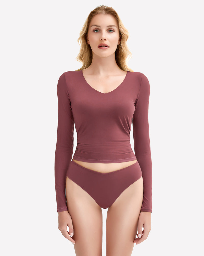 Dark purple long-sleeve V sweetheart top with matching high-cut panties, front view