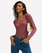 Wine-purple long-sleeve sweetheart neck top with matching panties, side view