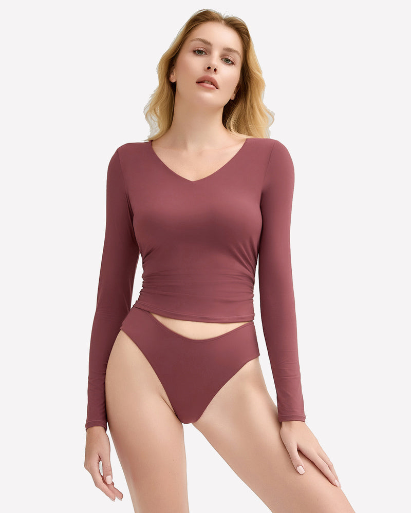 Wine-purple long-sleeve sweetheart top with matching panties briefs, front view