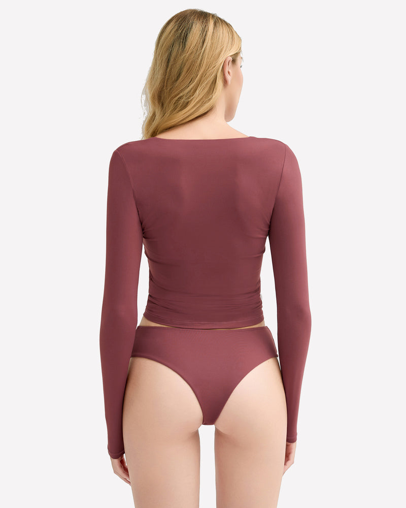 Wine-purple long-sleeve sweetheart neck top with matching panties, back view