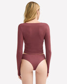Wine-purple long-sleeve sweetheart neck top with matching panties, back view