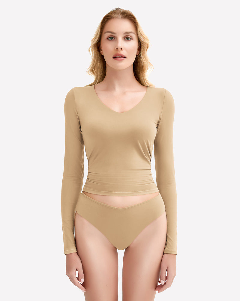 Khaki long-sleeve V sweetheart top with matching high-cut panties, front view