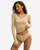 Khaki long-sleeve V sweetheart top with matching panties briefs, side view