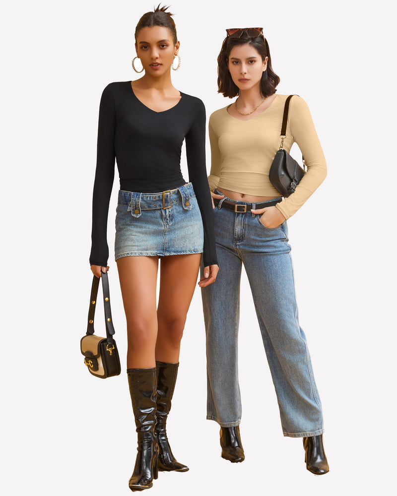 Black long-sleeve sweetheart neck top with matching panties, styled with denim