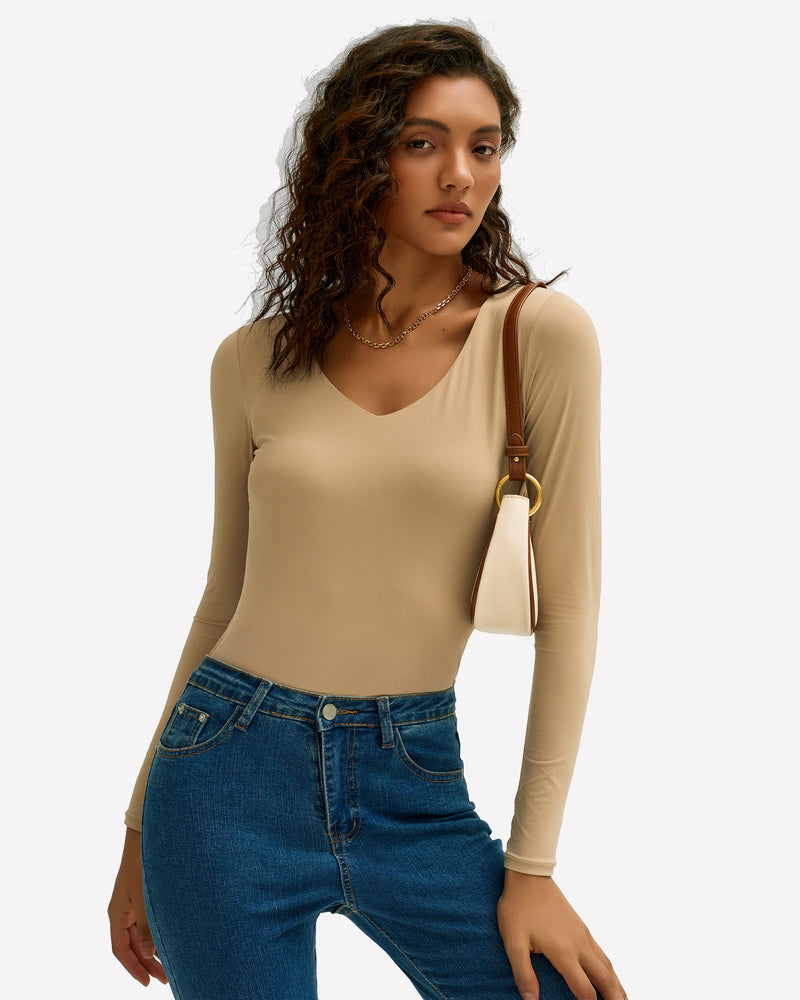 Long-sleeve sweetheart neck top and panties set, khaki, with thong-style bottom