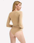 Long-sleeve sweetheart neck top and panties set, tan color, back view
