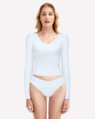 Long-sleeve sweetheart neck top and panties set, white, front view